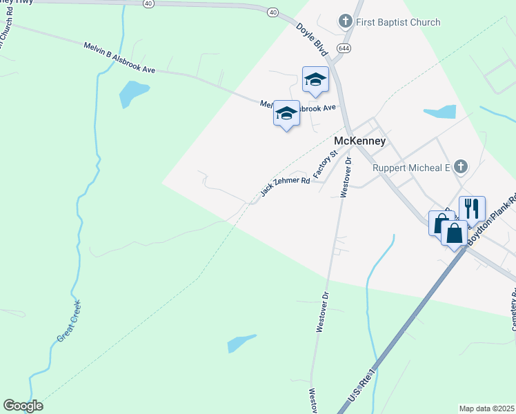 map of restaurants, bars, coffee shops, grocery stores, and more near 10015 Jack Zehmer Road in McKenney