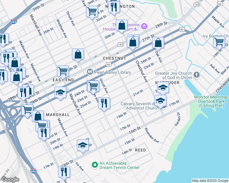 map of restaurants, bars, coffee shops, grocery stores, and more near 1020 22nd Street in Newport News