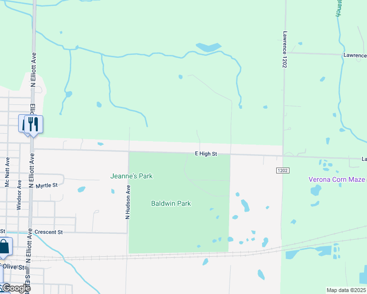 map of restaurants, bars, coffee shops, grocery stores, and more near 1101 East High Street in Aurora
