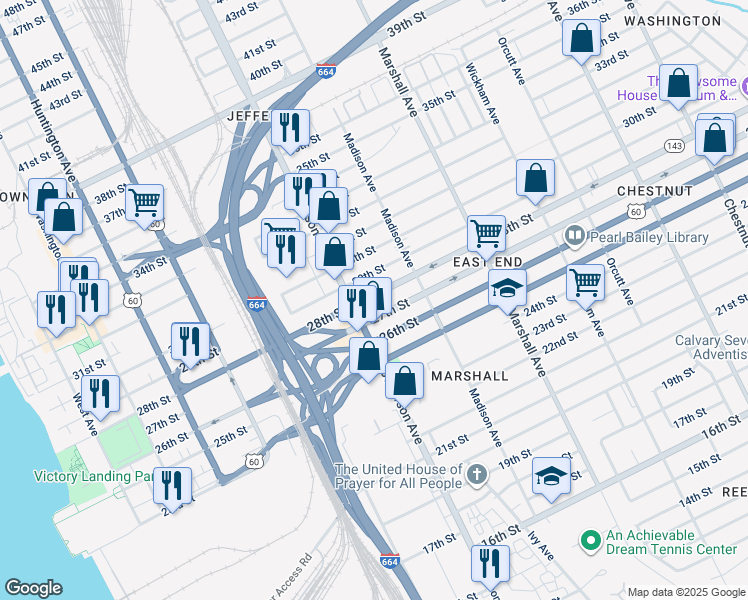 map of restaurants, bars, coffee shops, grocery stores, and more near 630 28th Street in Newport News
