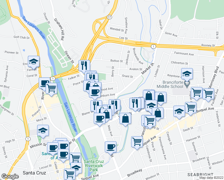 map of restaurants, bars, coffee shops, grocery stores, and more near 228 Glenwood Avenue in Santa Cruz