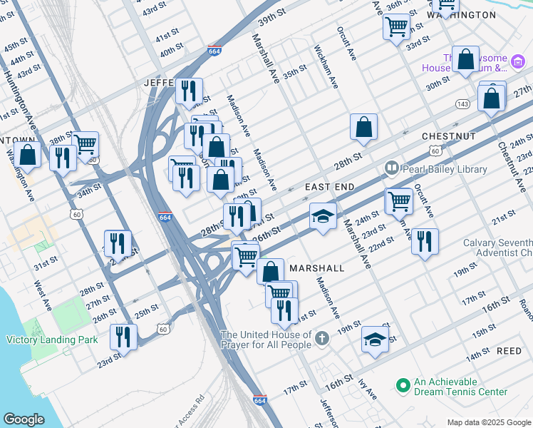 map of restaurants, bars, coffee shops, grocery stores, and more near 644 28th Street in Newport News