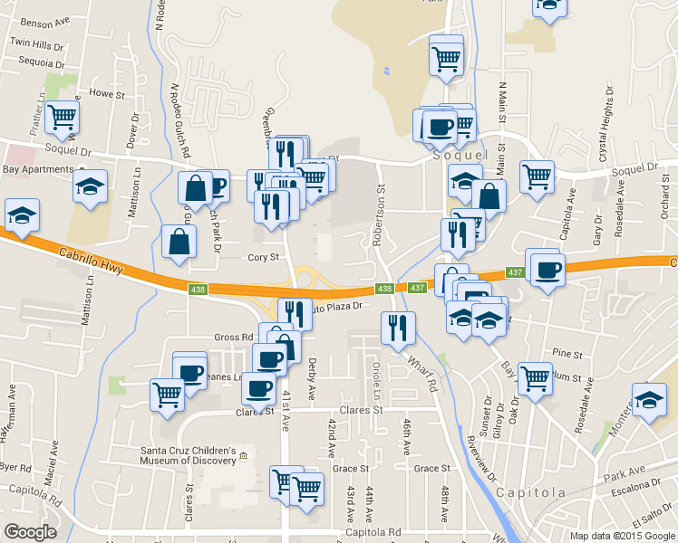 map of restaurants, bars, coffee shops, grocery stores, and more near 4214 Topsail Court in Soquel