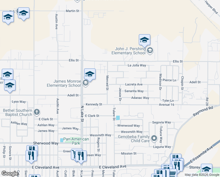 map of restaurants, bars, coffee shops, grocery stores, and more near 1110 Lacreta Avenue in Madera