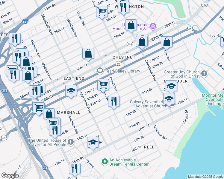 map of restaurants, bars, coffee shops, grocery stores, and more near 924 23rd Street in Newport News