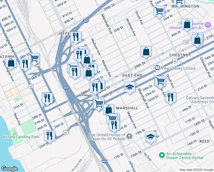 map of restaurants, bars, coffee shops, grocery stores, and more near 644 28th Street in Newport News