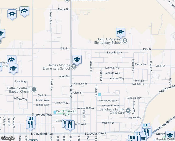 map of restaurants, bars, coffee shops, grocery stores, and more near 1832 Merced Street in Madera