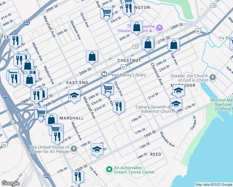 map of restaurants, bars, coffee shops, grocery stores, and more near 924 23rd Street in Newport News
