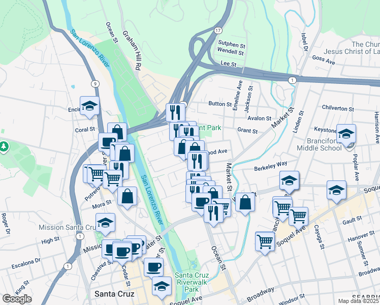 map of restaurants, bars, coffee shops, grocery stores, and more near 120 Coulson Avenue in Santa Cruz