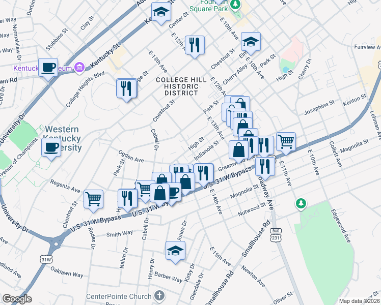 map of restaurants, bars, coffee shops, grocery stores, and more near 1376 High Street in Bowling Green