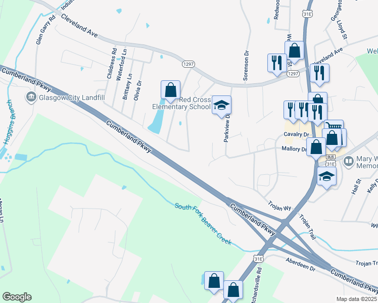 map of restaurants, bars, coffee shops, grocery stores, and more near 101 Lauderdale Drive in Glasgow