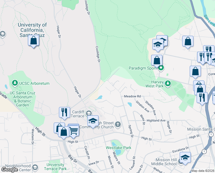 map of restaurants, bars, coffee shops, grocery stores, and more near 116 Rockridge Lane in Santa Cruz