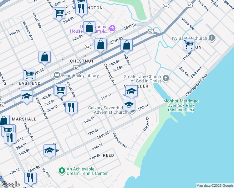 map of restaurants, bars, coffee shops, grocery stores, and more near 2011 Chestnut Avenue in Newport News