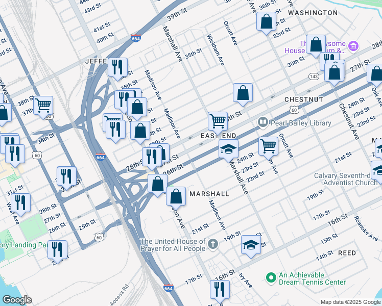 map of restaurants, bars, coffee shops, grocery stores, and more near 2700 Madison Avenue in Newport News