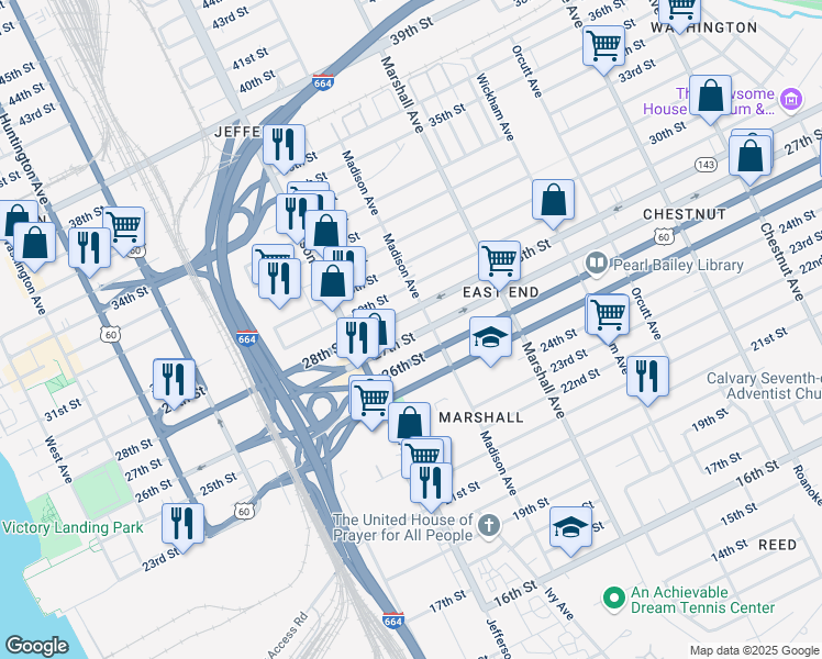map of restaurants, bars, coffee shops, grocery stores, and more near 644 28th Street in Newport News