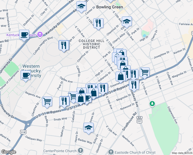 map of restaurants, bars, coffee shops, grocery stores, and more near 1376 High Street in Bowling Green