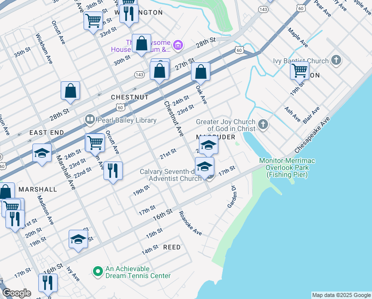 map of restaurants, bars, coffee shops, grocery stores, and more near 2011 Chestnut Avenue in Newport News