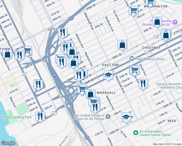 map of restaurants, bars, coffee shops, grocery stores, and more near 644 28th Street in Newport News
