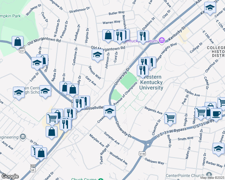 map of restaurants, bars, coffee shops, grocery stores, and more near University Drive in Bowling Green
