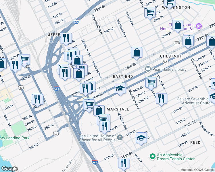 map of restaurants, bars, coffee shops, grocery stores, and more near 2700 Madison Avenue in Newport News