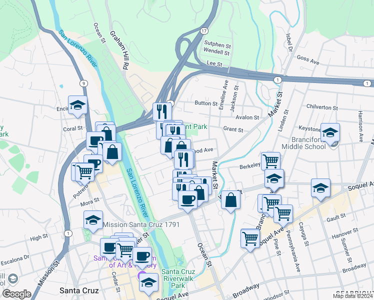 map of restaurants, bars, coffee shops, grocery stores, and more near 129 Glenwood Avenue in Santa Cruz