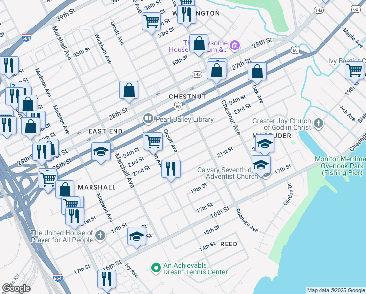 map of restaurants, bars, coffee shops, grocery stores, and more near 1015 22nd Street in Newport News