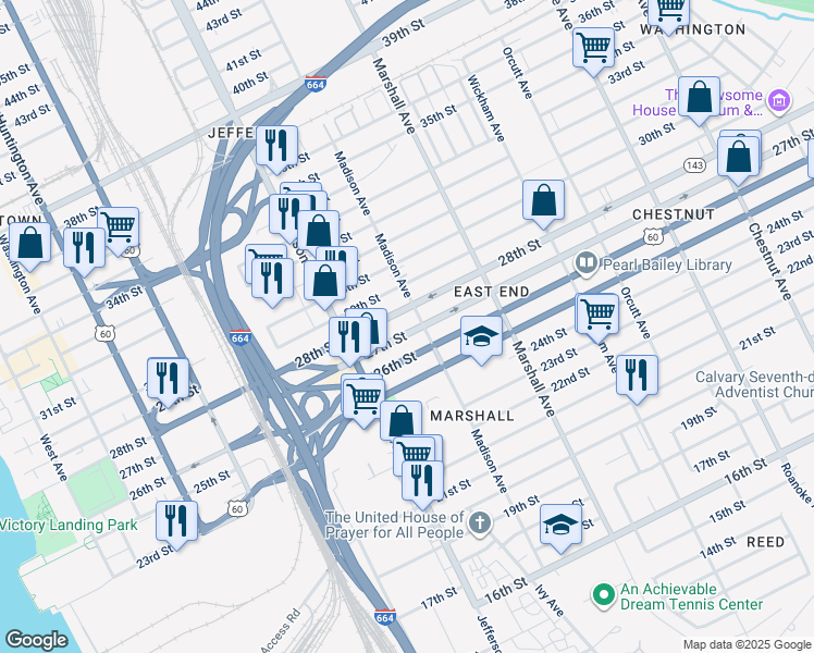 map of restaurants, bars, coffee shops, grocery stores, and more near 655 27th Street in Newport News