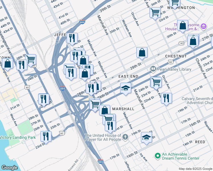 map of restaurants, bars, coffee shops, grocery stores, and more near 655 27th Street in Newport News