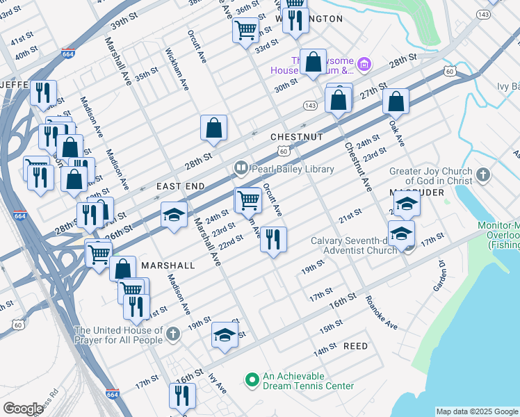 map of restaurants, bars, coffee shops, grocery stores, and more near 917 23rd Street in Newport News
