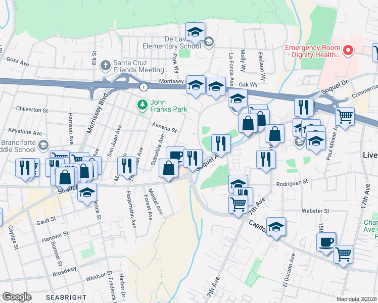 map of restaurants, bars, coffee shops, grocery stores, and more near 21 Acacia Way in Santa Cruz