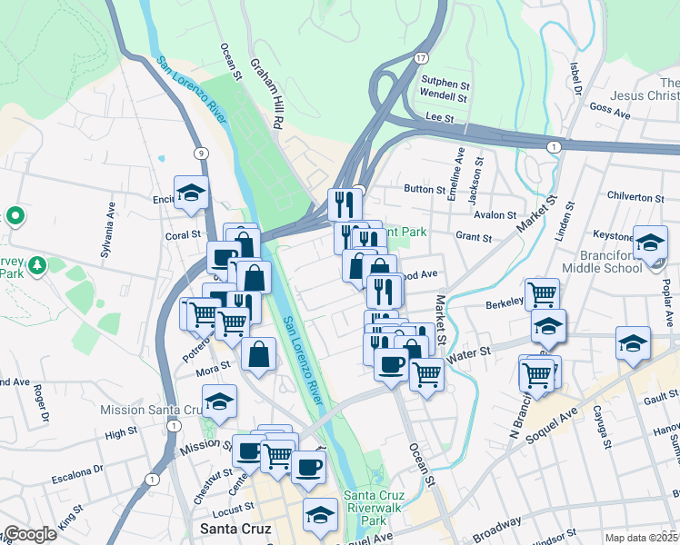 map of restaurants, bars, coffee shops, grocery stores, and more near 1403 Ocean Street in Santa Cruz