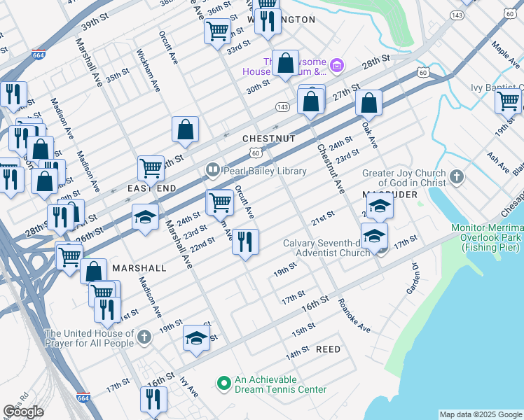 map of restaurants, bars, coffee shops, grocery stores, and more near 1015 22nd Street in Newport News