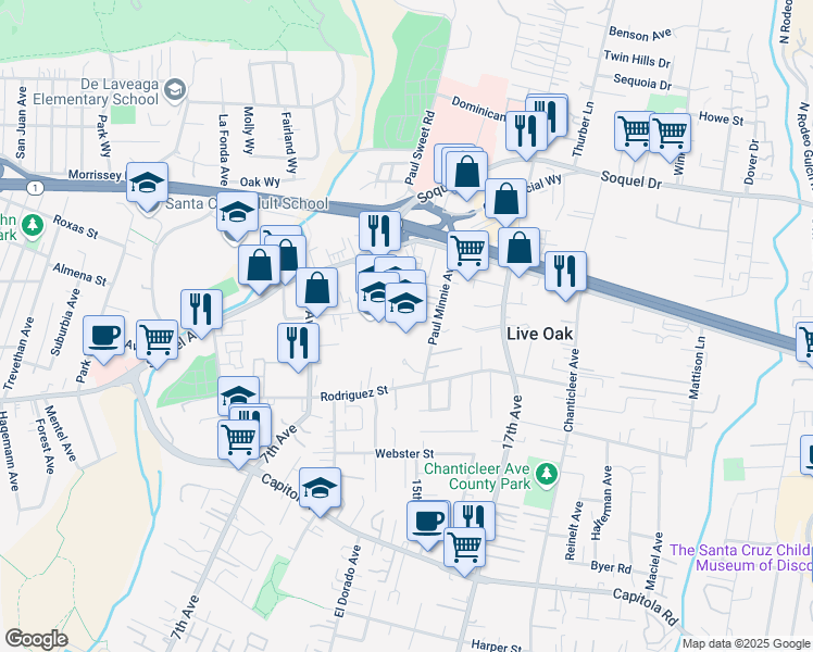 map of restaurants, bars, coffee shops, grocery stores, and more near 984 Bostwick Lane in Santa Cruz