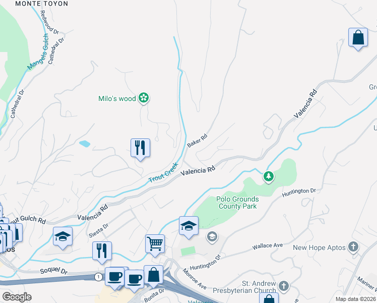 map of restaurants, bars, coffee shops, grocery stores, and more near 140 Baker Road in Aptos