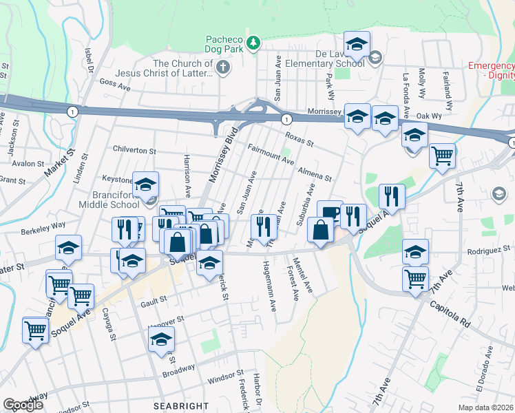map of restaurants, bars, coffee shops, grocery stores, and more near 217 Marnell Avenue in Santa Cruz