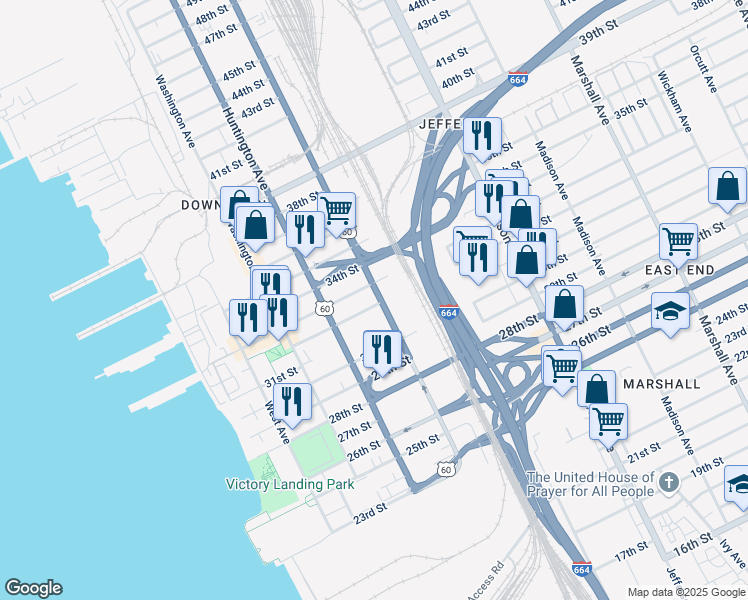 map of restaurants, bars, coffee shops, grocery stores, and more near 3201 Warwick Boulevard in Newport News