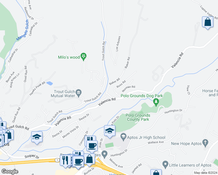 map of restaurants, bars, coffee shops, grocery stores, and more near 140 Baker Road in Aptos