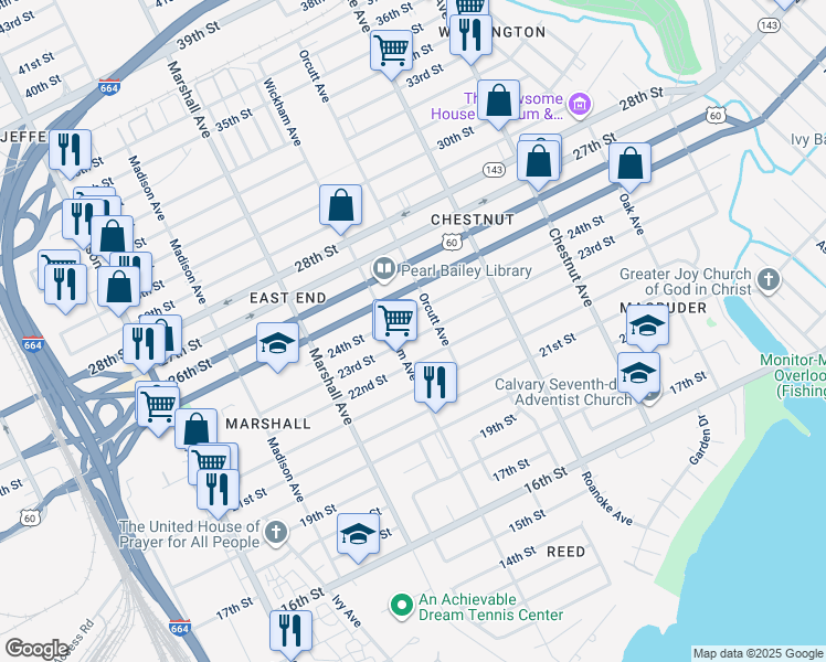 map of restaurants, bars, coffee shops, grocery stores, and more near 917 23rd Street in Newport News