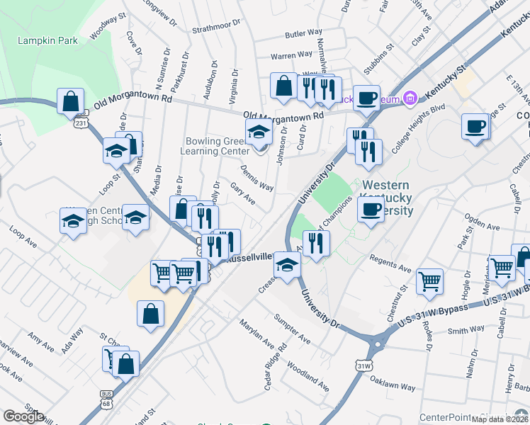 map of restaurants, bars, coffee shops, grocery stores, and more near 455 Gary Ave in Bowling Green