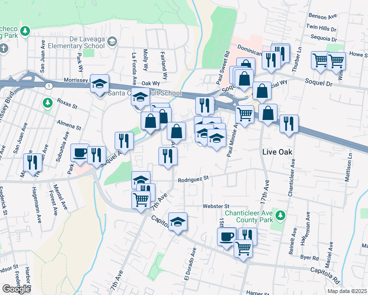 map of restaurants, bars, coffee shops, grocery stores, and more near 860 Bostwick Lane in Santa Cruz