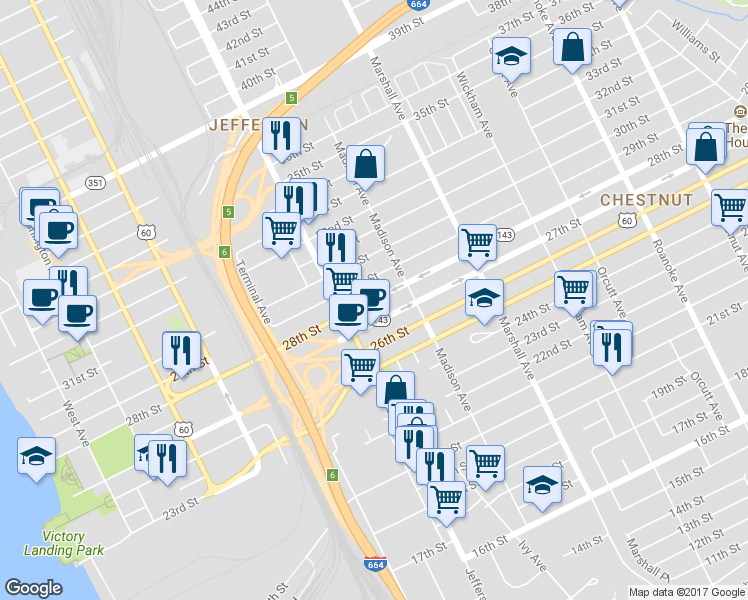 map of restaurants, bars, coffee shops, grocery stores, and more near 630 28th Street in Newport News