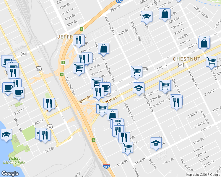 map of restaurants, bars, coffee shops, grocery stores, and more near 644 28th Street in Newport News