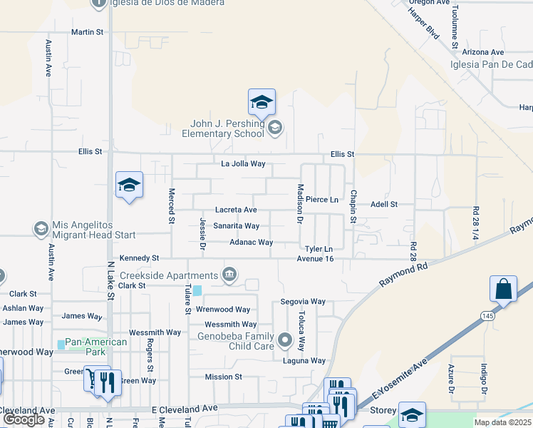 map of restaurants, bars, coffee shops, grocery stores, and more near 1592 Lacreta Avenue in Madera