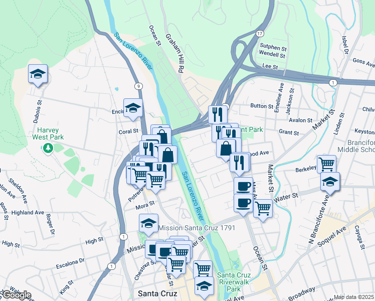 map of restaurants, bars, coffee shops, grocery stores, and more near 168 Pryce Street in Santa Cruz