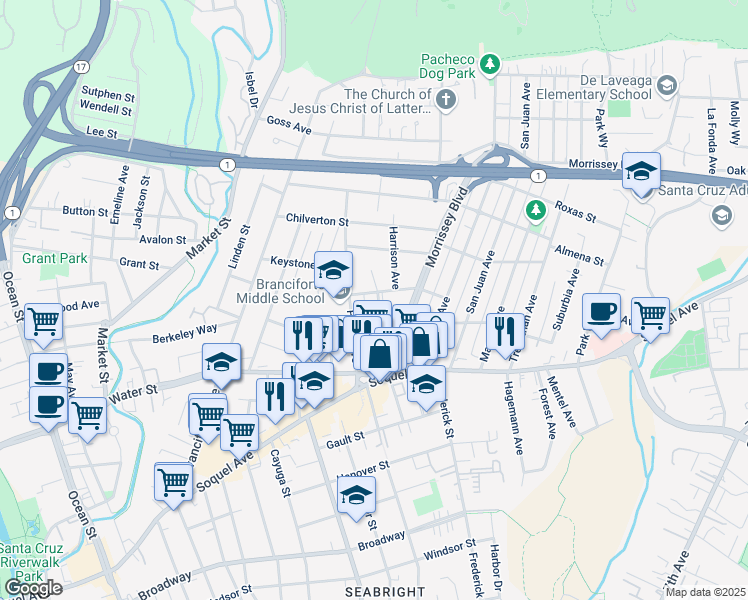 map of restaurants, bars, coffee shops, grocery stores, and more near 140 Hammond Avenue in Santa Cruz