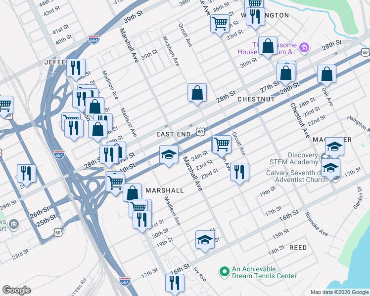 map of restaurants, bars, coffee shops, grocery stores, and more near 2574 Marshall Avenue in Newport News