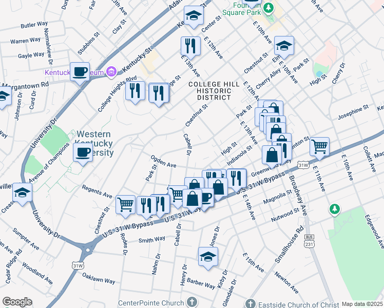 map of restaurants, bars, coffee shops, grocery stores, and more near 702 Cabell Drive in Bowling Green