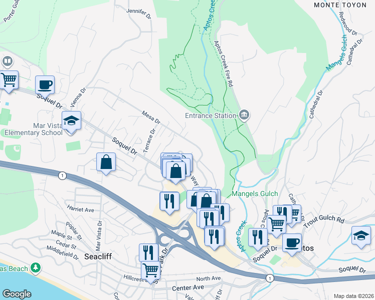 map of restaurants, bars, coffee shops, grocery stores, and more near 7424 Mesa Drive in Aptos