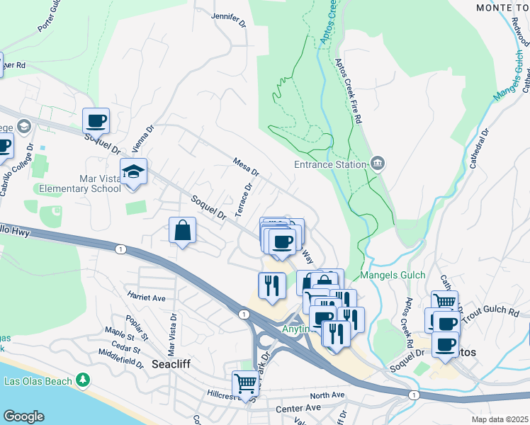 map of restaurants, bars, coffee shops, grocery stores, and more near 7 Windemere Lane in Aptos