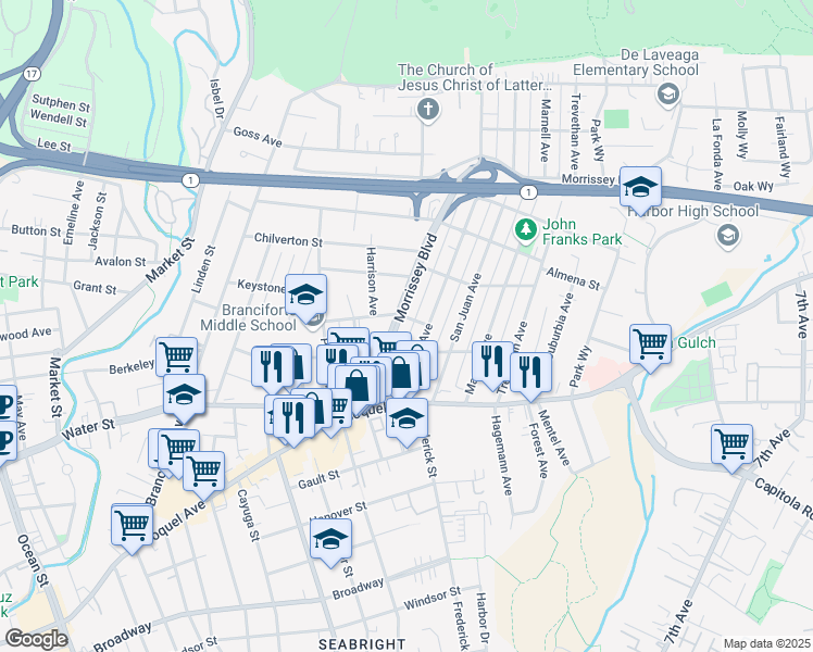map of restaurants, bars, coffee shops, grocery stores, and more near 228 Morrissey Boulevard in Santa Cruz